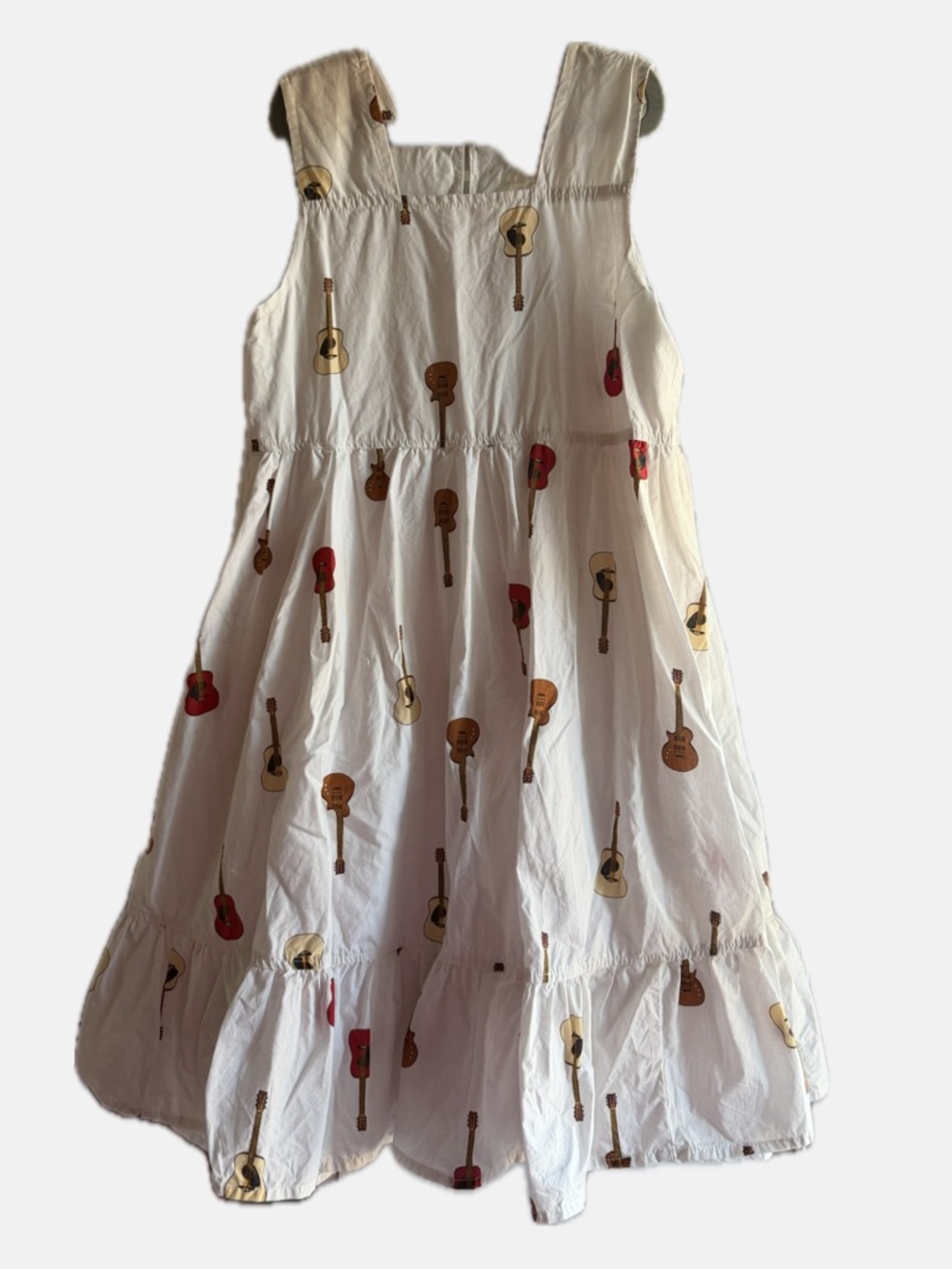 Pink Chicken White Sundress with Red and Tan Guitar Print 12y EUC